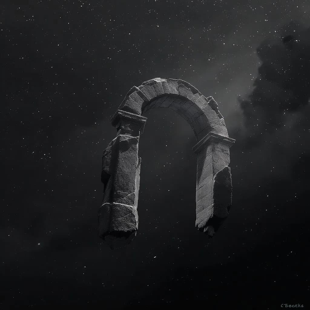 Monolith Drift style - ethereal black-and-white arch floating in a starry void, evoking mystery and timelessness.