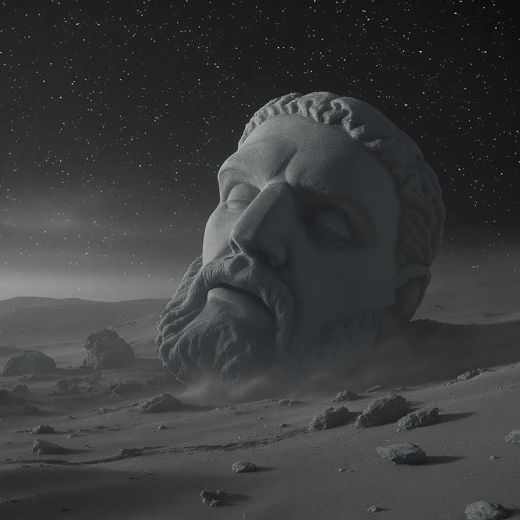 Monolith Drift style - monumental stone head in a desolate landscape, illuminated by starlight, evoking a surreal, contemplative mood.