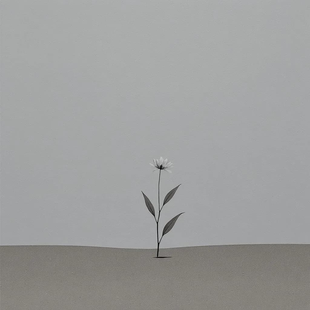 Muted Minimalist Monochrome style - solitary flower against a soft gray background, emphasizing simplicity and tranquility.