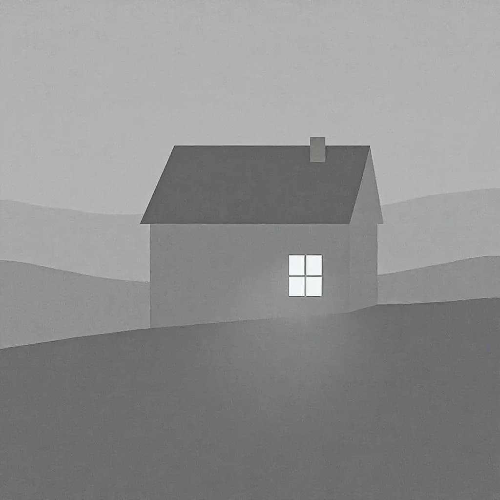 Muted Minimalist Monochrome style - soft gray landscape featuring a simple house with a glowing window, evoking tranquility.