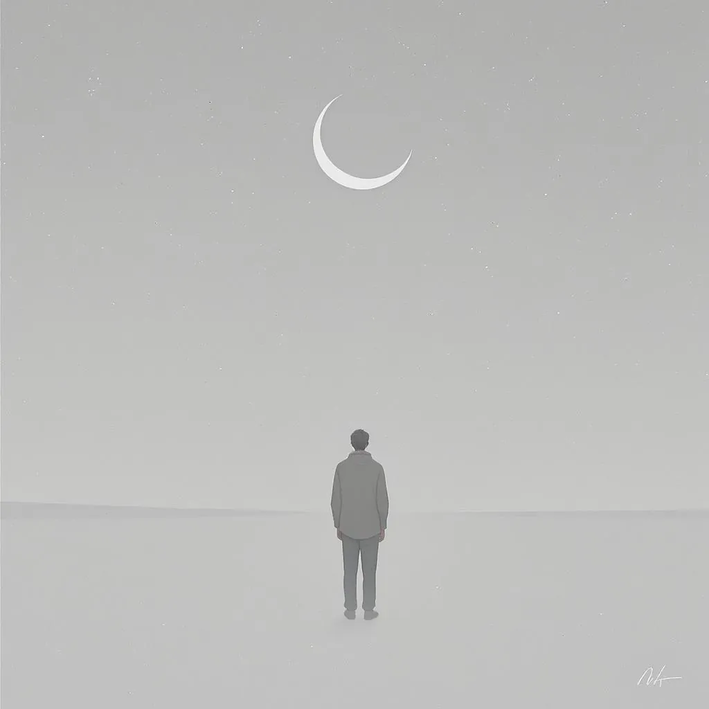 Muted Minimalist Monochrome style - serene scene of a figure gazing at a crescent moon in a vast, foggy landscape.