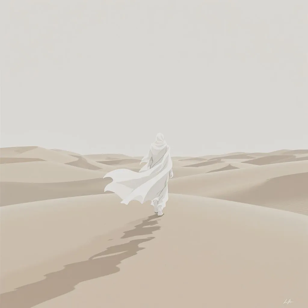 Muted Minimalist Monochrome style - serene desert scene with a figure in white, soft tones, and expansive negative space.