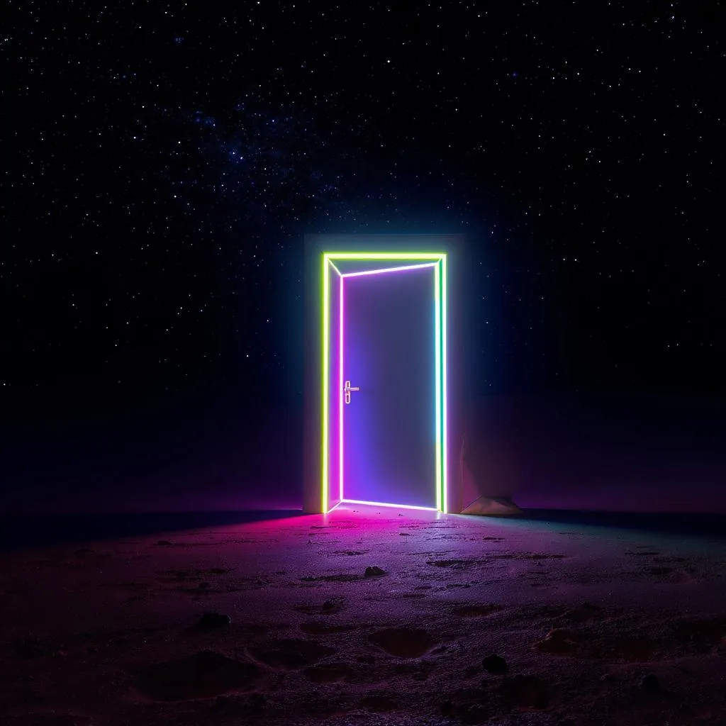 Neon Eclipse style - glowing door framed by vibrant neon colors against a starry night, creating a surreal, inviting atmosphere.