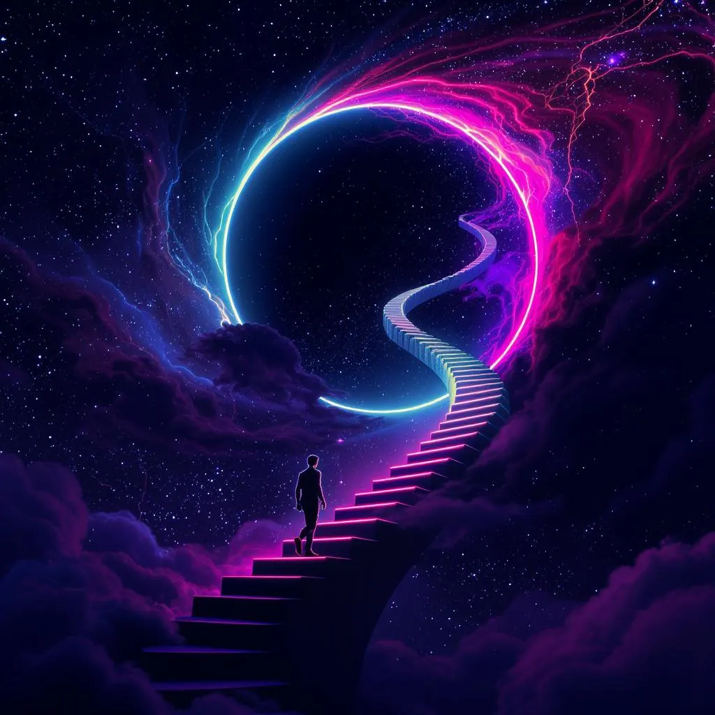 Neon Eclipse style - surreal cosmic scene with vibrant neon colors, swirling clouds, and a luminous staircase leading to a portal.