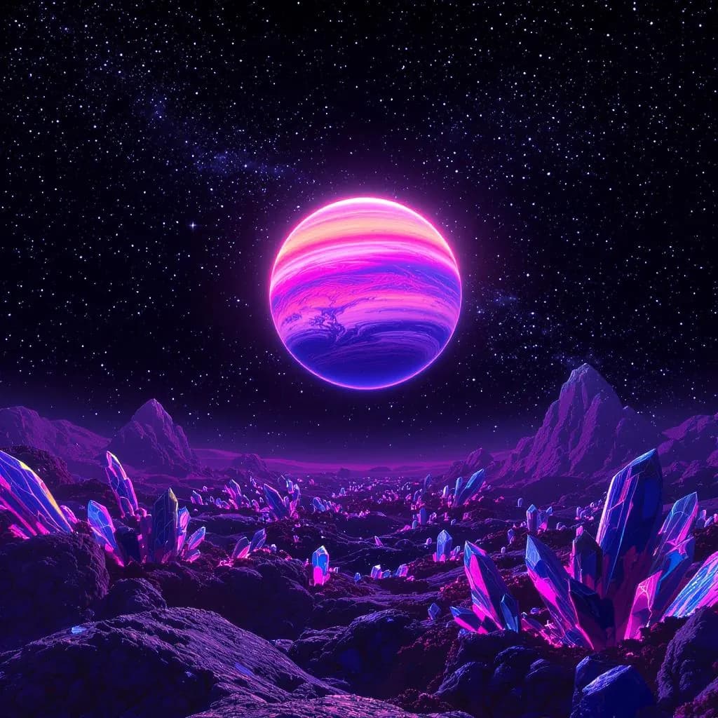 Neon Eclipse style - vibrant cosmic landscape with a glowing planet and crystalline formations, showcasing rich purples and blues.