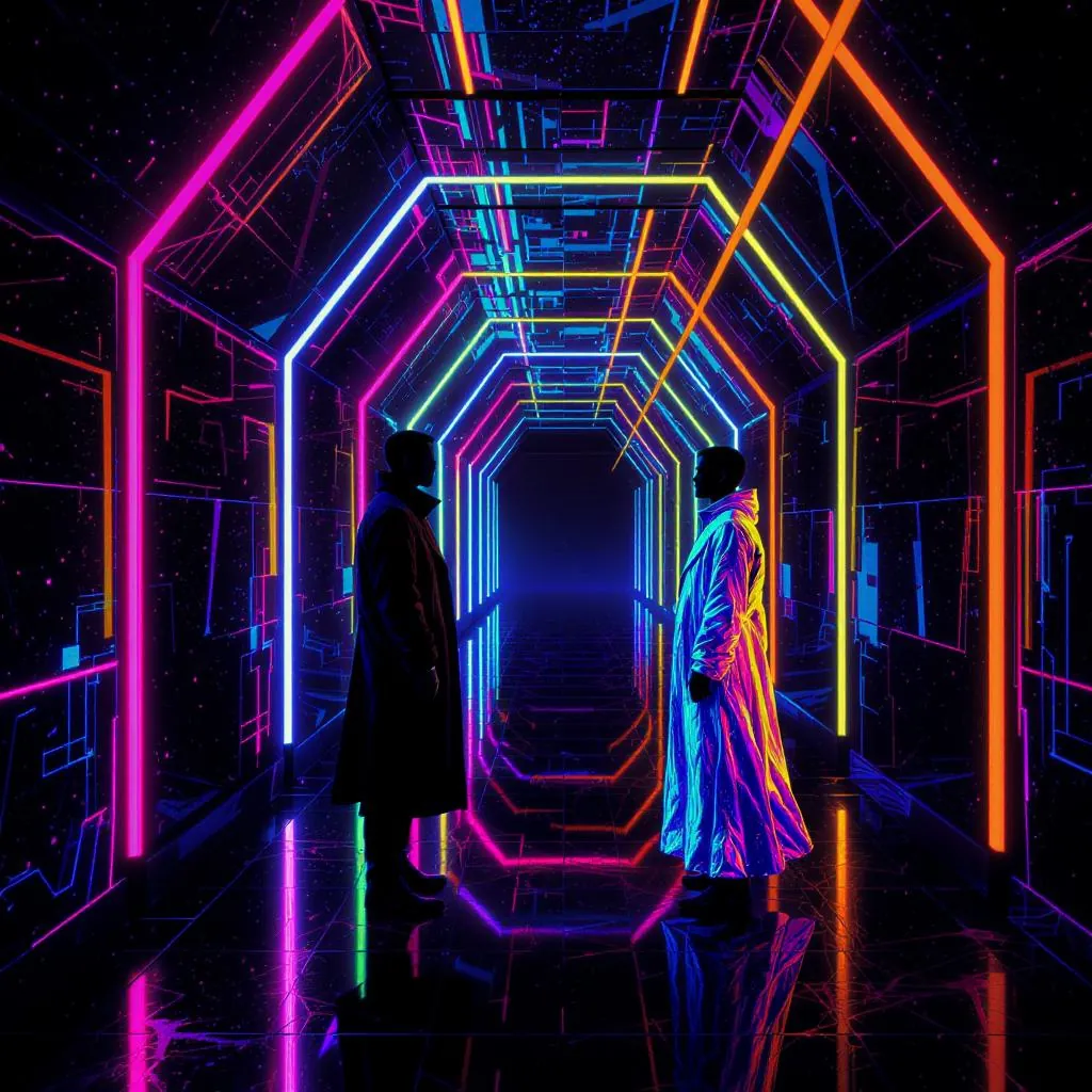 Neon Eclipse style - vibrant neon-lit corridor with reflective surfaces, creating a futuristic, immersive atmosphere.