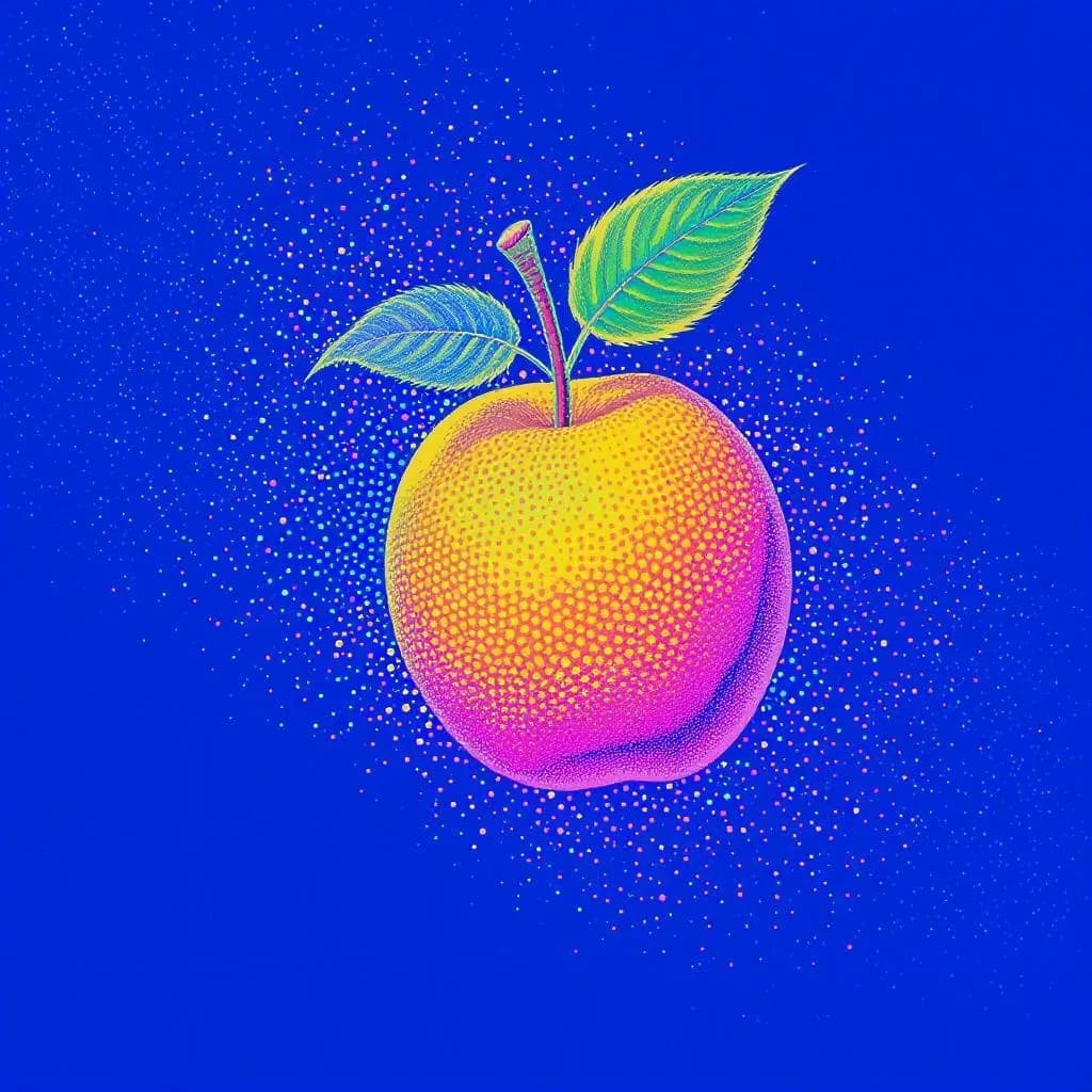 Neon Point Pop style - vibrant apple with a gradient of colors against a deep blue background, enhanced by dotted textures.