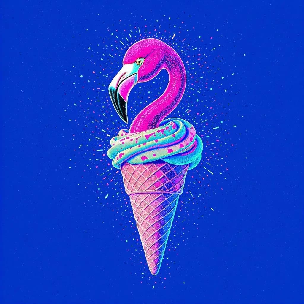 Neon Point Pop style - vibrant pink flamingo emerging from a colorful ice cream cone against a bright blue background, radiating energy.