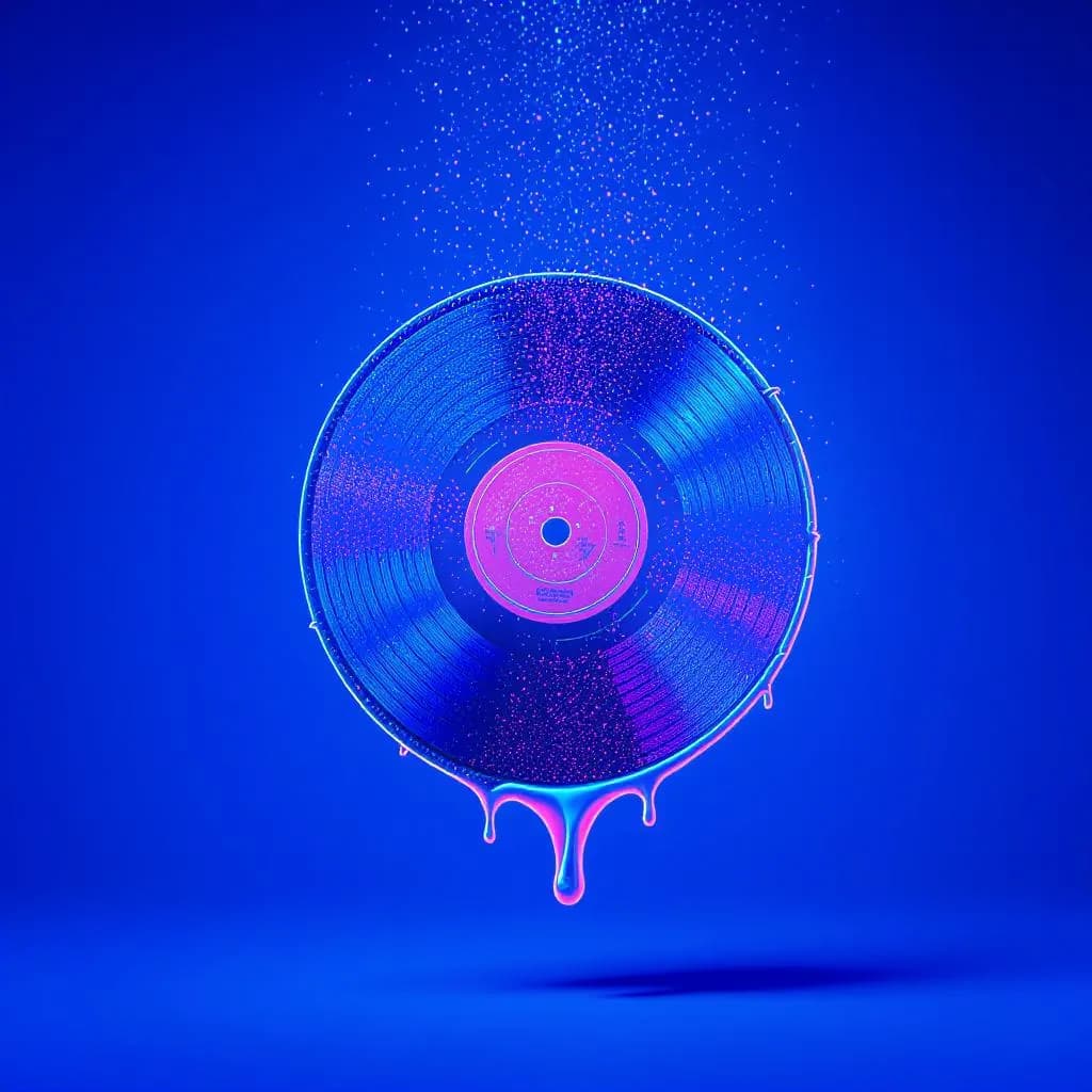 Neon Point Pop style - vibrant blue background with a dripping vinyl record, showcasing bright pink and purple hues in a surreal composition.
