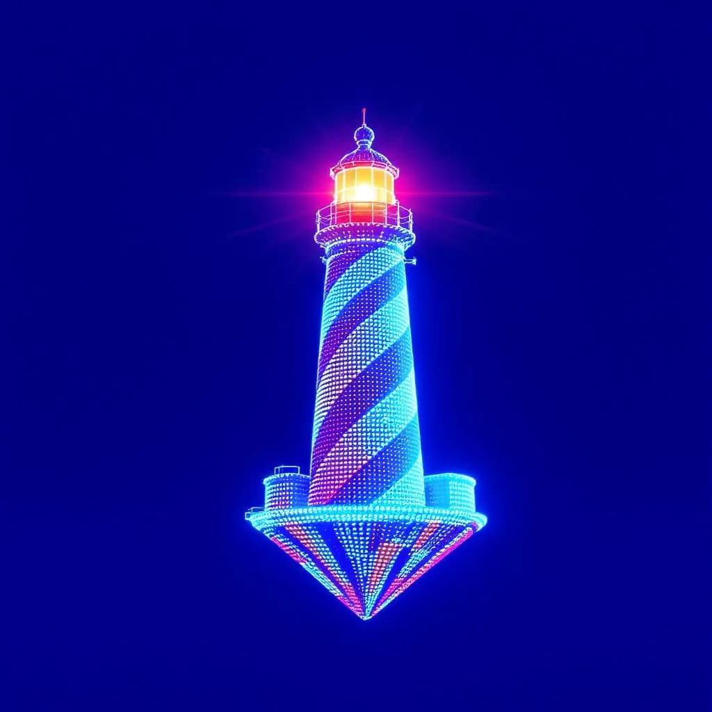 Neon Point Pop style - vibrant neon lighthouse with bold colors and glowing lights against a deep blue background.