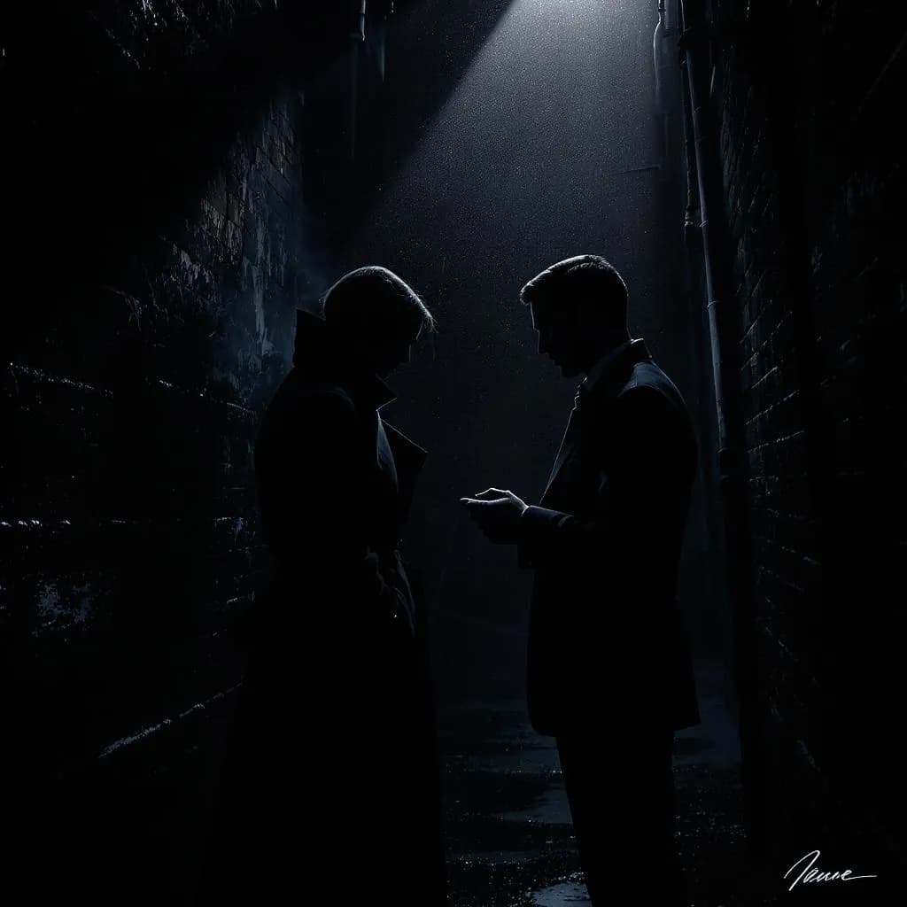 Noir Silhouette Luxe style - dramatic silhouettes in a shadowy alley, illuminated by a stark beam of light, evoking mystery.