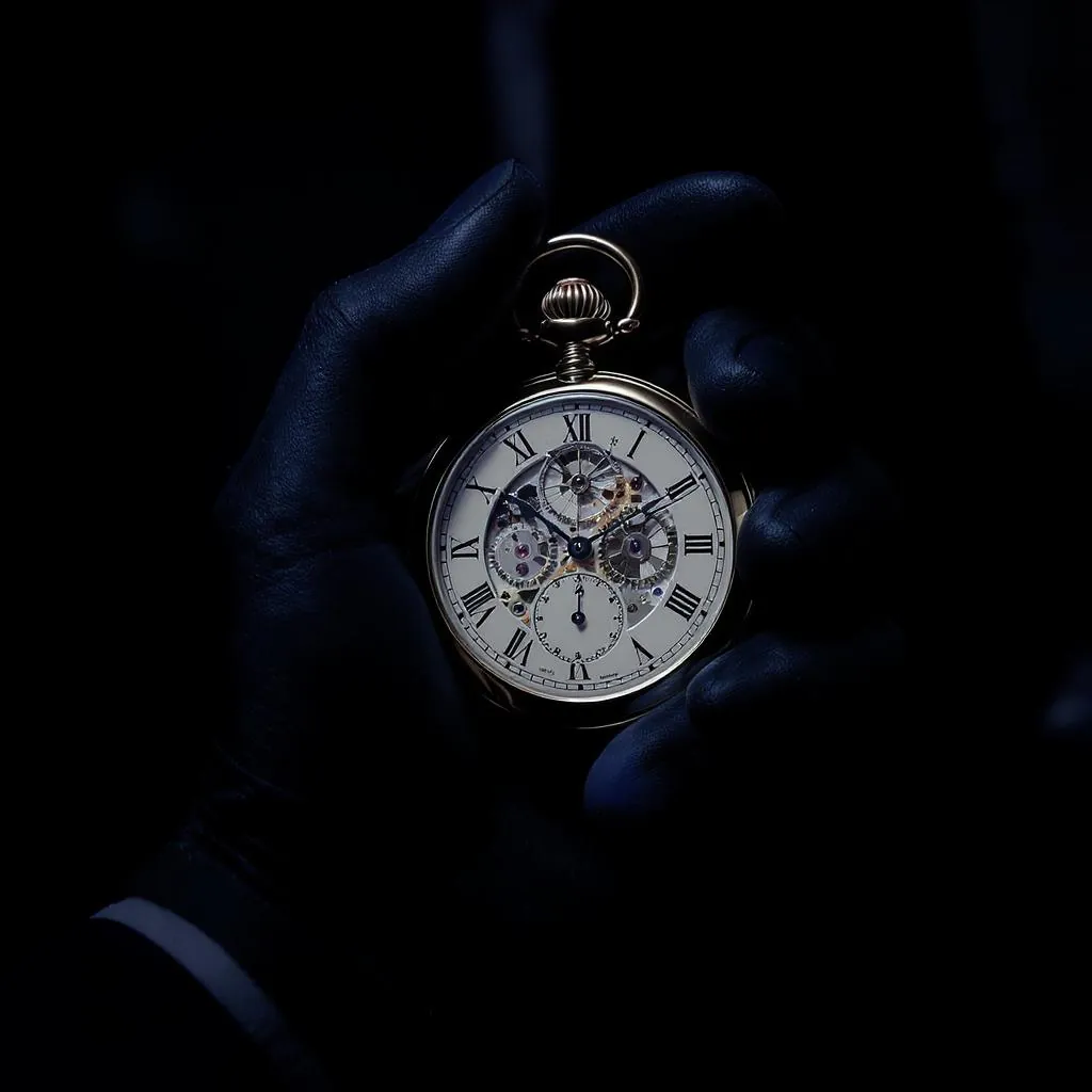 Noir Silhouette Luxe style - a dramatic close-up of a pocket watch held in a gloved hand, illuminated against a dark backdrop.