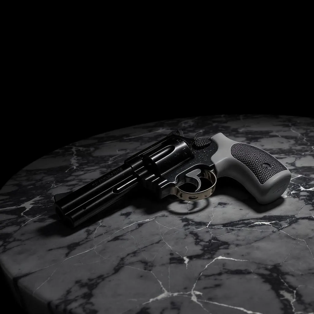 Noir Silhouette Luxe style - dramatic lighting highlights the gun's contours against a dark backdrop, evoking tension and elegance.
