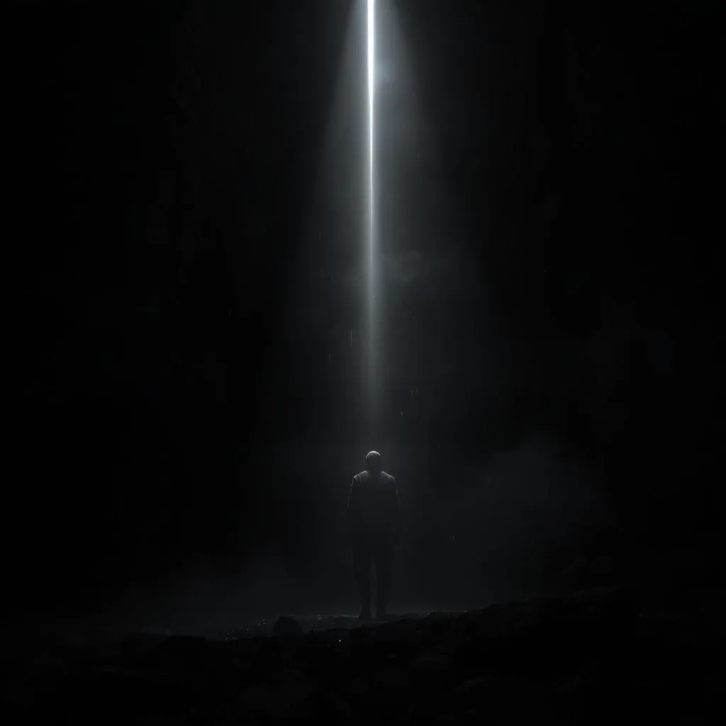 Obsidian Halo style - stark contrast of light and shadow with a solitary figure illuminated by a narrow beam in a dark space.