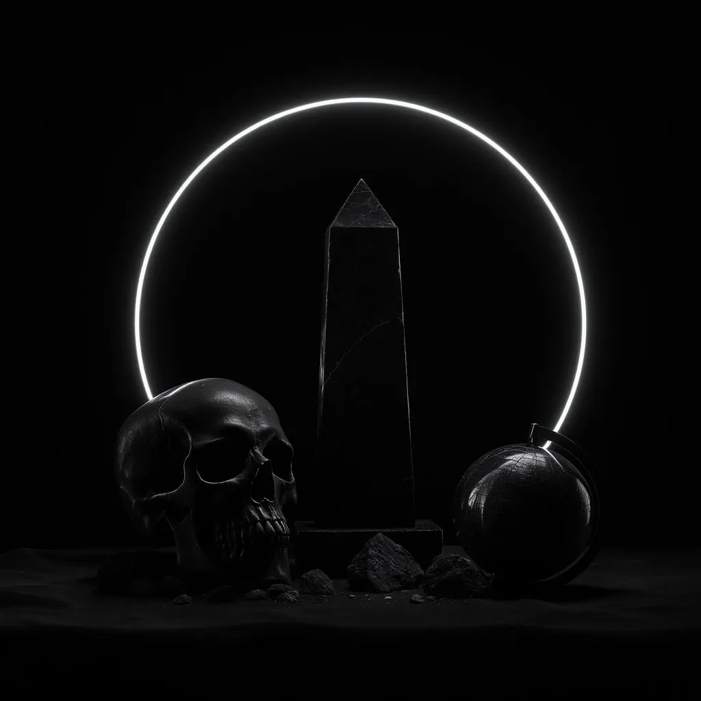Obsidian Halo style - stark black-and-white composition featuring a skull, obelisk, and globe, illuminated by a glowing circular halo.