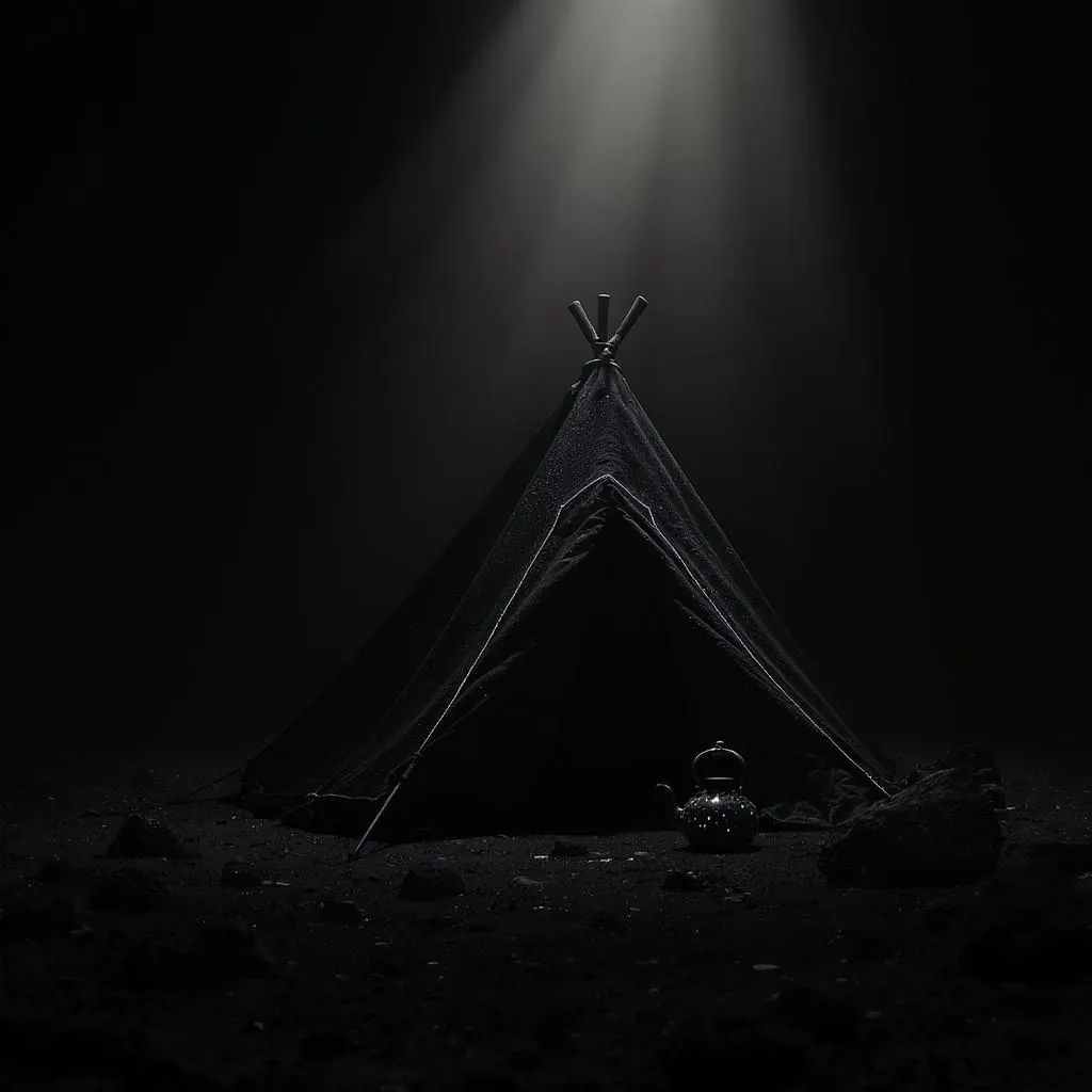Obsidian Halo style - stark black-and-white scene with dramatic lighting highlighting a tent and kettle, evoking mystery and solitude.