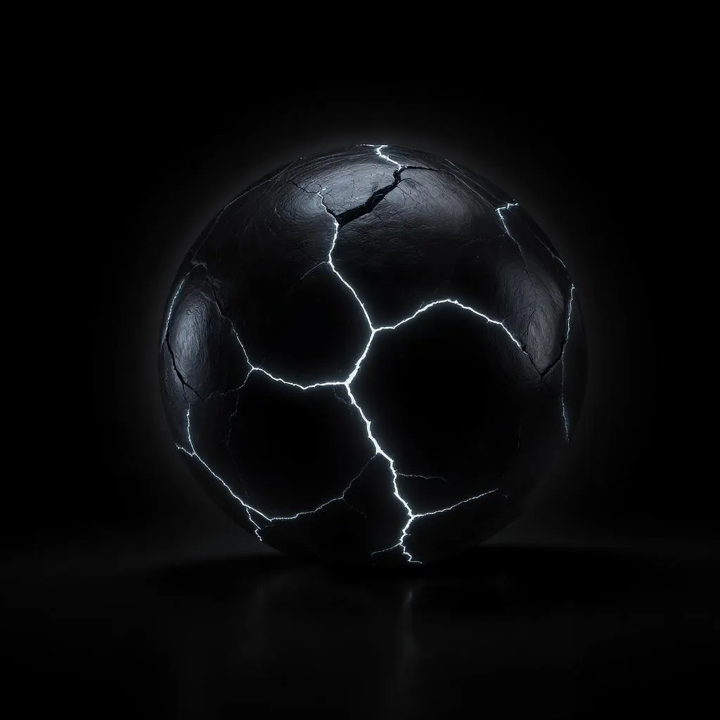 Obsidian Halo style - glowing cracks on a black sphere create a dramatic contrast against a dark background, evoking mystery.