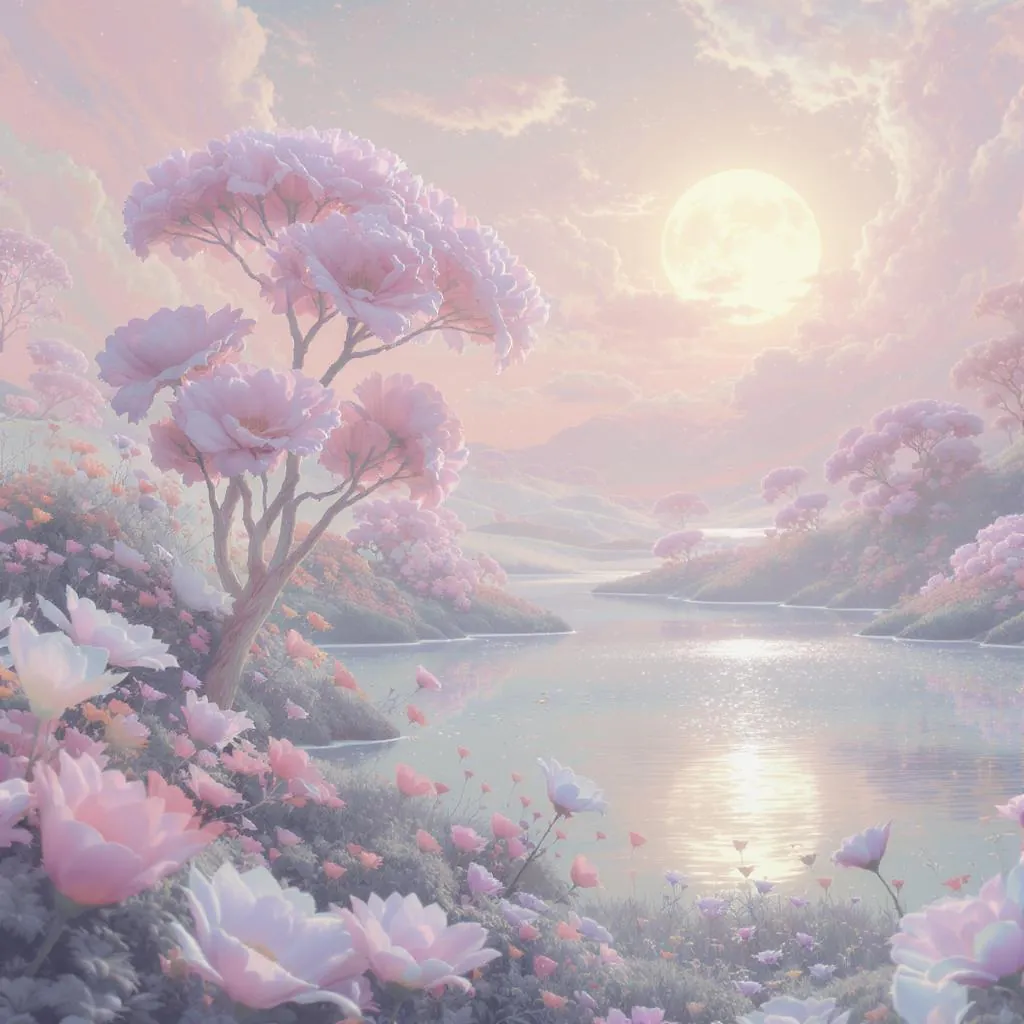 Pastel Mirage style - ethereal landscape with soft pink hues, gentle lighting, and serene reflections on a tranquil river.