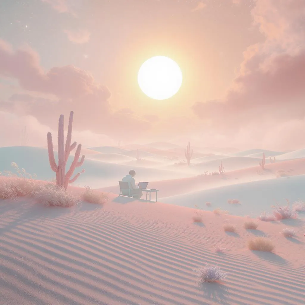 Pastel Mirage style - serene desert scene with soft pink hues, gentle lighting, and a tranquil figure working at a laptop.