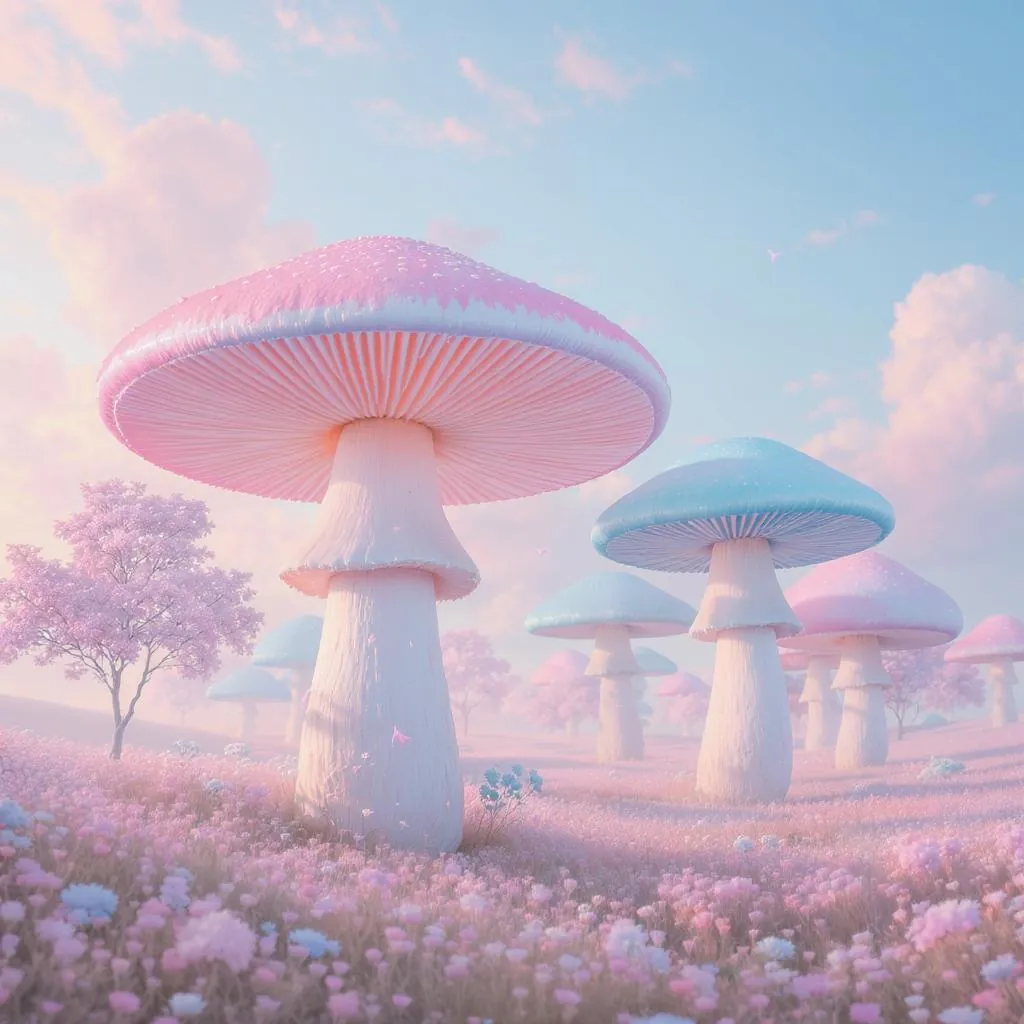 Pastel Mirage style - dreamy landscape of oversized pastel mushrooms under soft lighting, creating a whimsical, serene atmosphere.