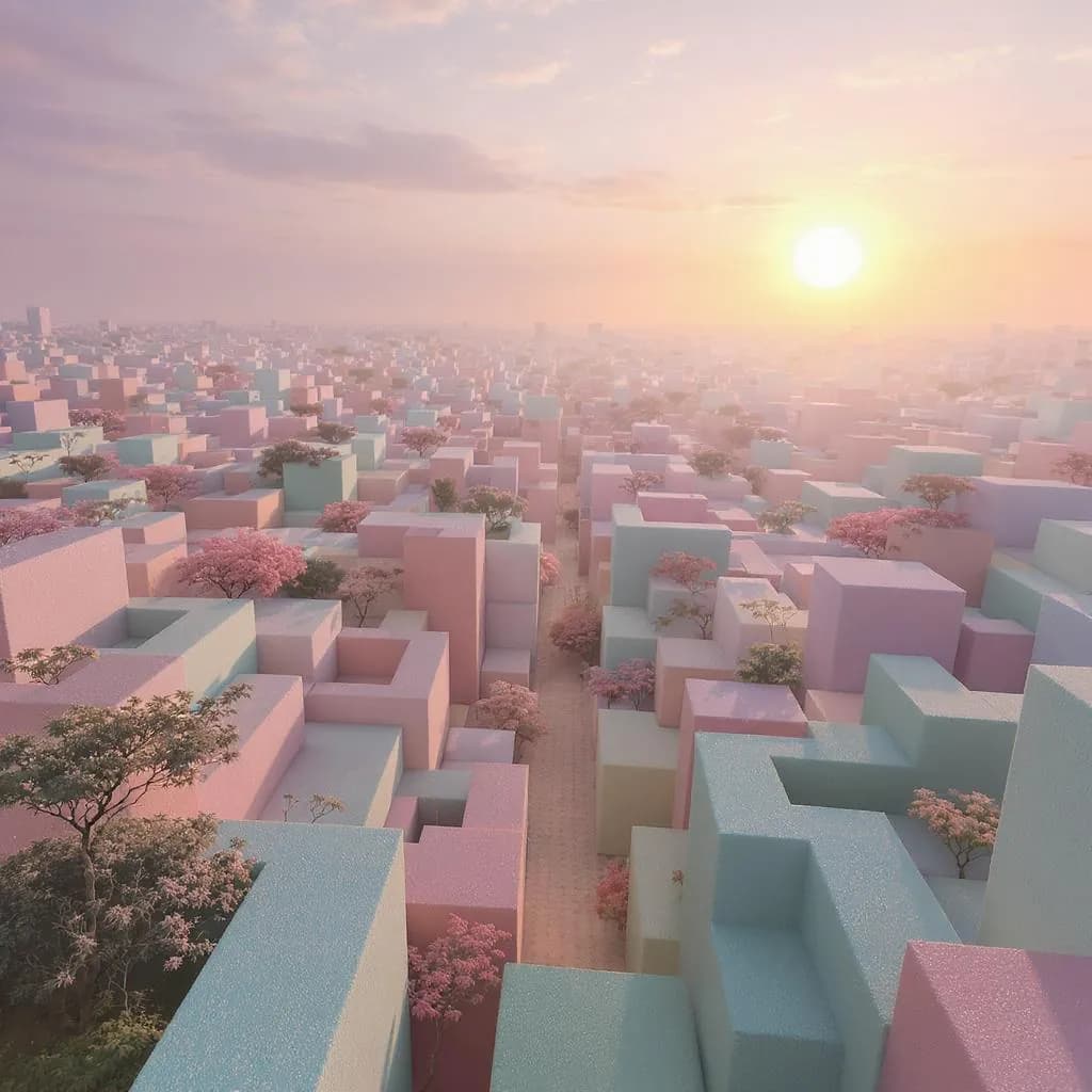 Pastel Mirage style - soft pastel hues create a dreamy cityscape, with gentle lighting and blooming trees enhancing tranquility.