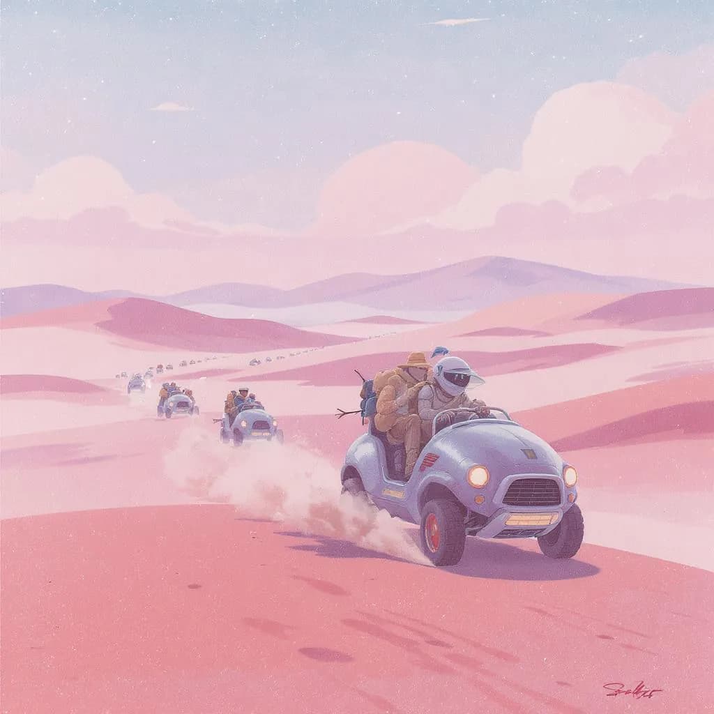 Pastel Sci-Fi Storybook style - dreamy pastel hues create a whimsical desert scene with futuristic vehicles and soft, flowing shapes.