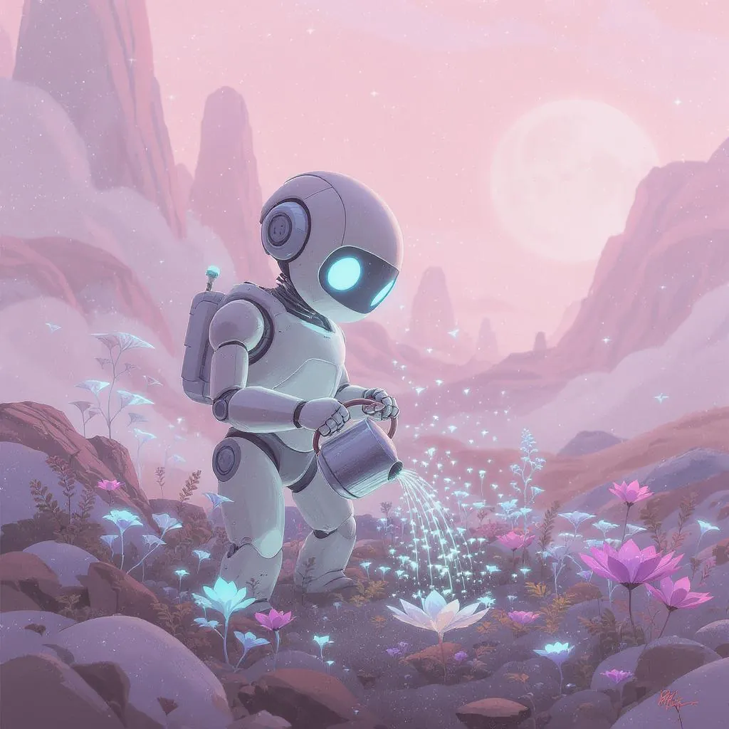 Pastel Sci-Fi Storybook style - whimsical robot watering glowing flowers in a dreamy landscape, soft colors and ethereal lighting create a serene mood.