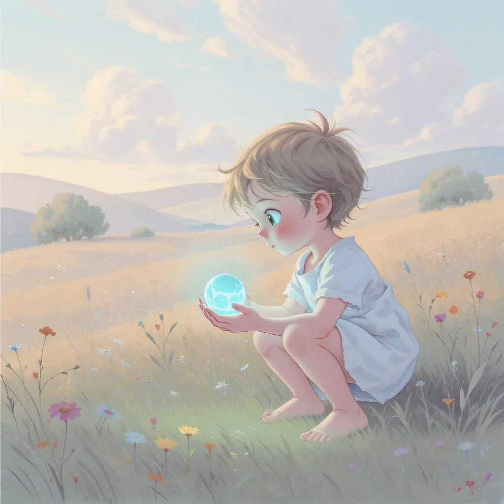 Pastel Sci-Fi Storybook style - soft colors and gentle lighting create a whimsical scene of a child holding a glowing orb in a meadow.