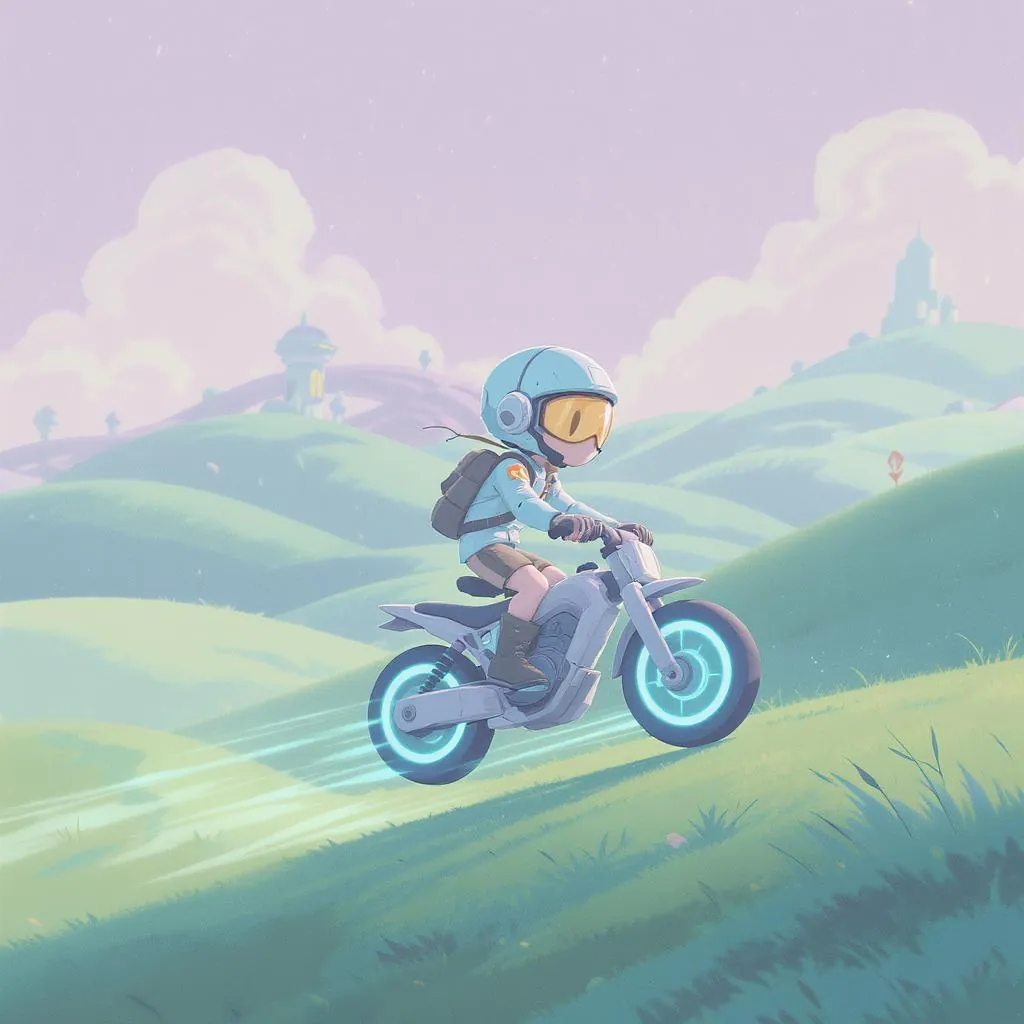 Pastel Sci-Fi Storybook style - whimsical landscape with soft colors, a child on a glowing bike, and dreamy hills under a pastel sky.