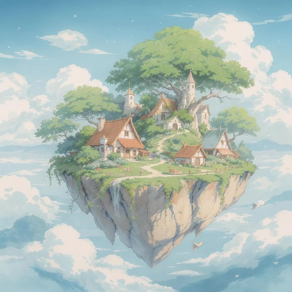 Pastoral Anime Ink style - whimsical floating village with soft colors, dreamy clouds, and delicate details creating a serene atmosphere.