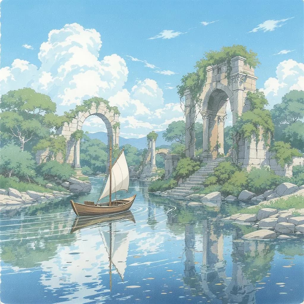 Pastoral Anime Ink style - serene landscape with soft colors, detailed ruins, and a tranquil boat reflecting on calm waters.