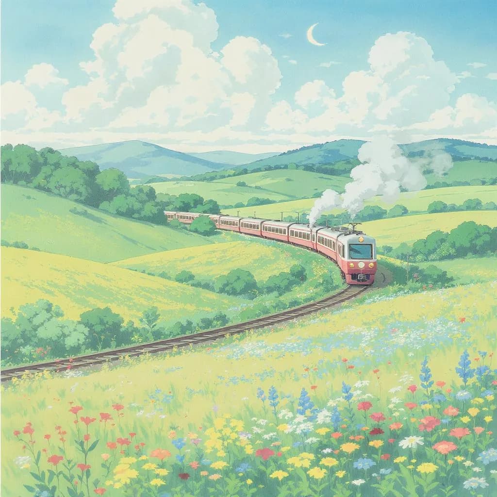 Pastoral Anime Ink style - serene landscape with vibrant fields and a train, soft colors and gentle curves evoke tranquility.