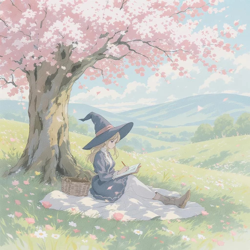 Pastoral Anime Ink style - serene scene of a girl in a witch hat reading under a cherry blossom tree, soft pastel colors and gentle light.