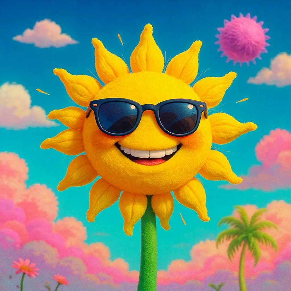 Plush Pop Surrealism style - whimsical sun character with vibrant colors, playful expression, and a dreamy, cheerful background.