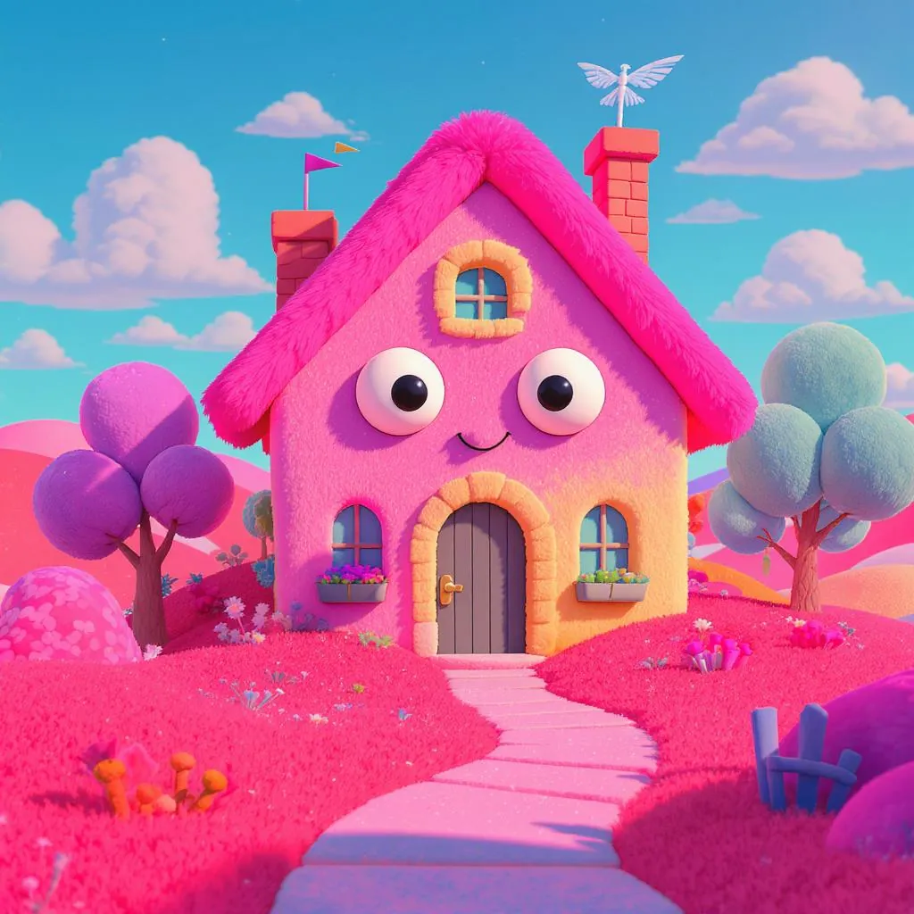 Plush Pop Surrealism style - whimsical pink house with oversized features, set in a vibrant, dreamlike landscape.