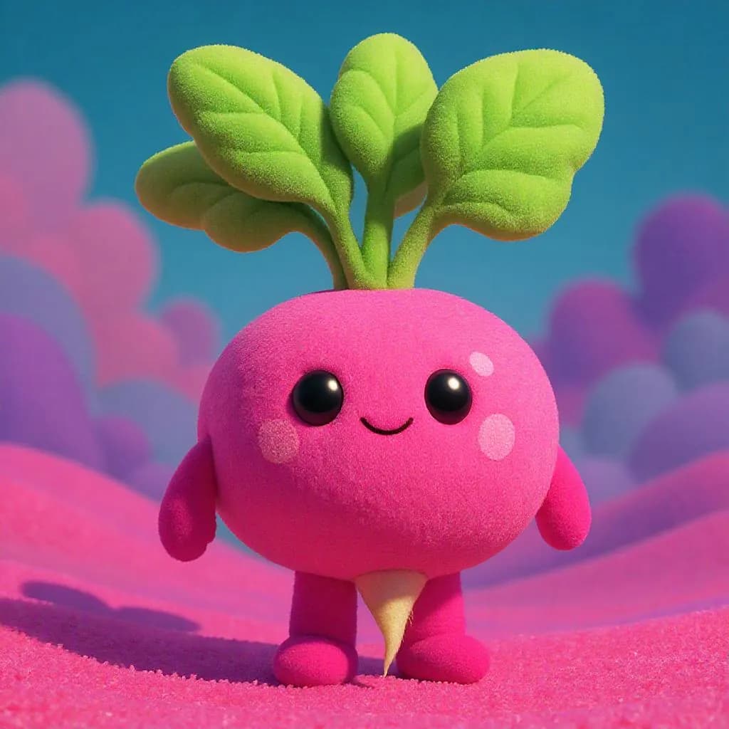 Plush Pop Surrealism style - whimsical plush radish character in a vibrant pink landscape, exuding playful charm and soft textures.