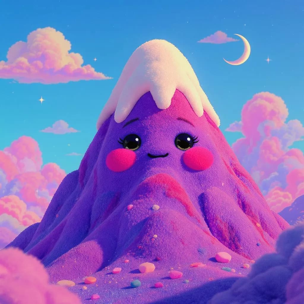 Plush Pop Surrealism style - whimsical mountain with a friendly face, vibrant colors, and fluffy clouds creating a dreamy atmosphere.