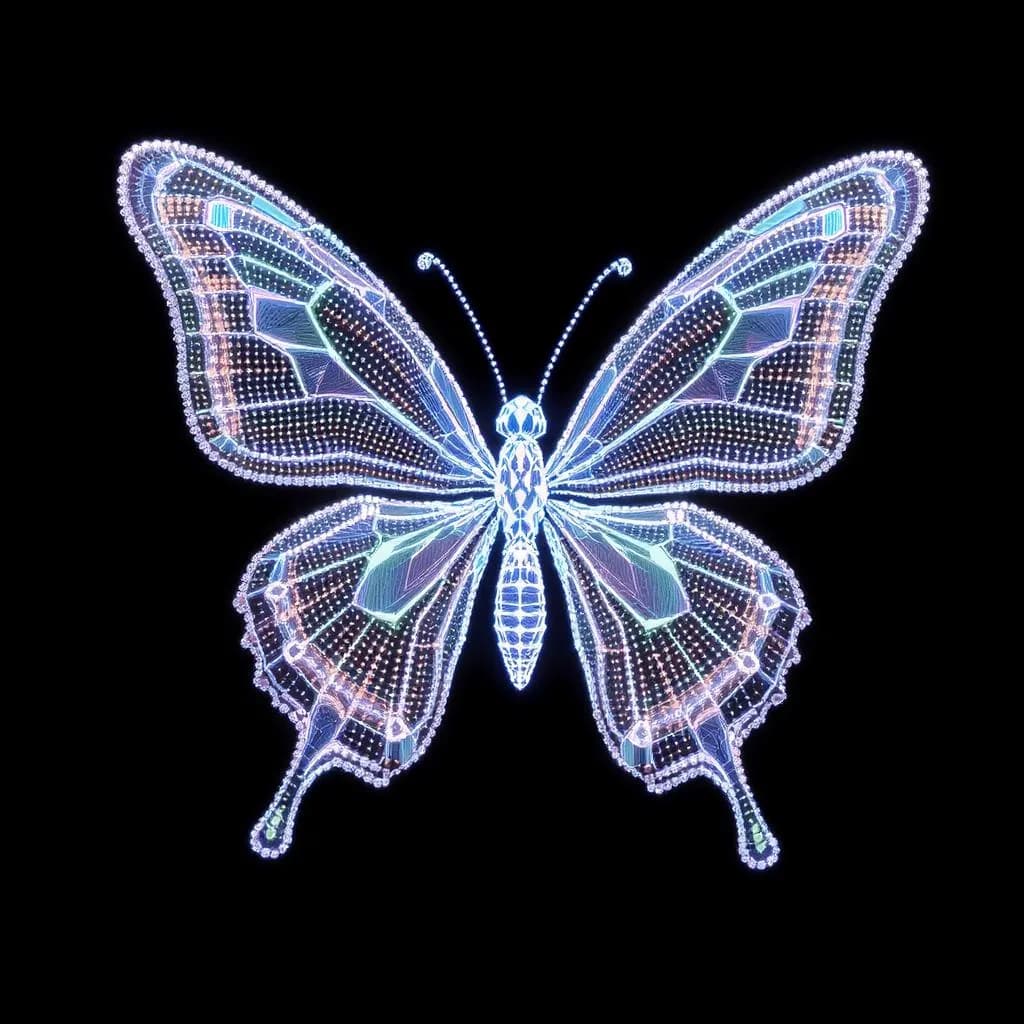 Pointcloud Prism style - luminous butterfly rendered with intricate dots, showcasing vibrant colors against a dark background.