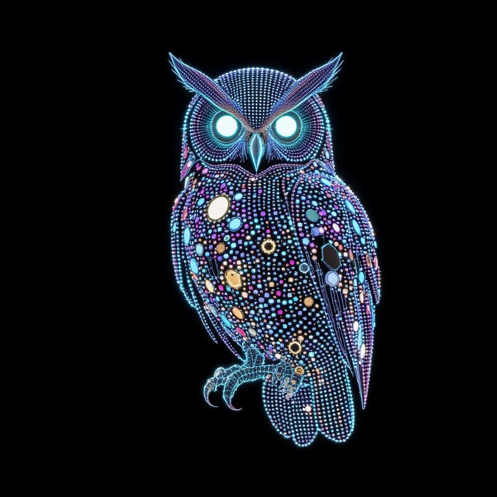 Pointcloud Prism style - luminous owl composed of vibrant dots and lines, radiating color against a dark background.