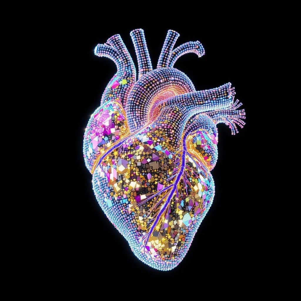Pointcloud Prism style - luminous heart composed of vibrant, reflective facets, glowing against a stark black background.