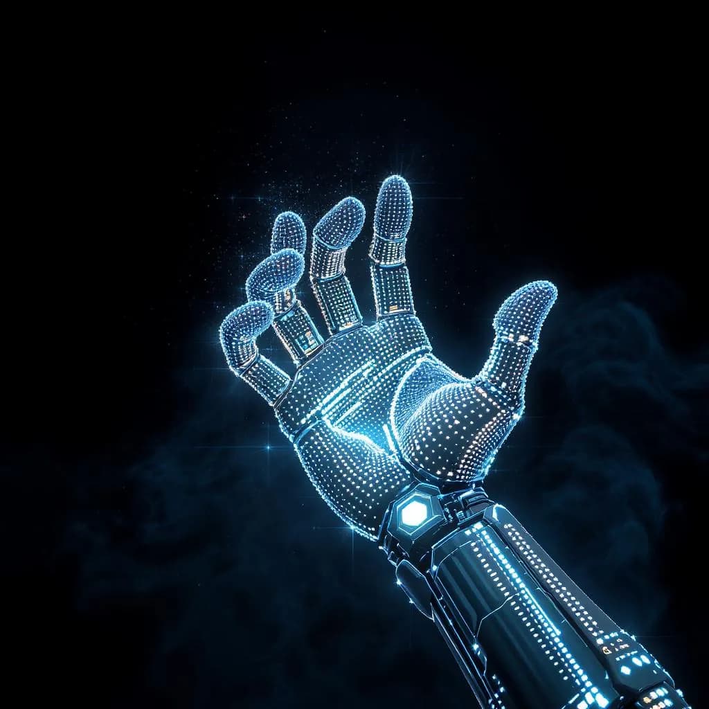 Pointcloud Prism style - luminous robotic hand composed of glowing dots, set against a dark background, creating a futuristic aura.
