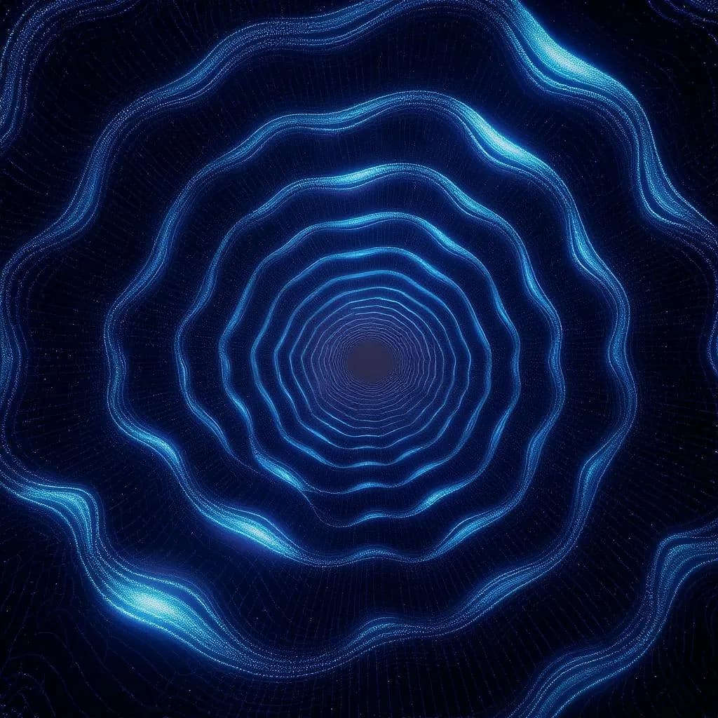 Resonant Field style - luminous blue waves create a hypnotic tunnel effect against a dark backdrop, evoking depth and motion.