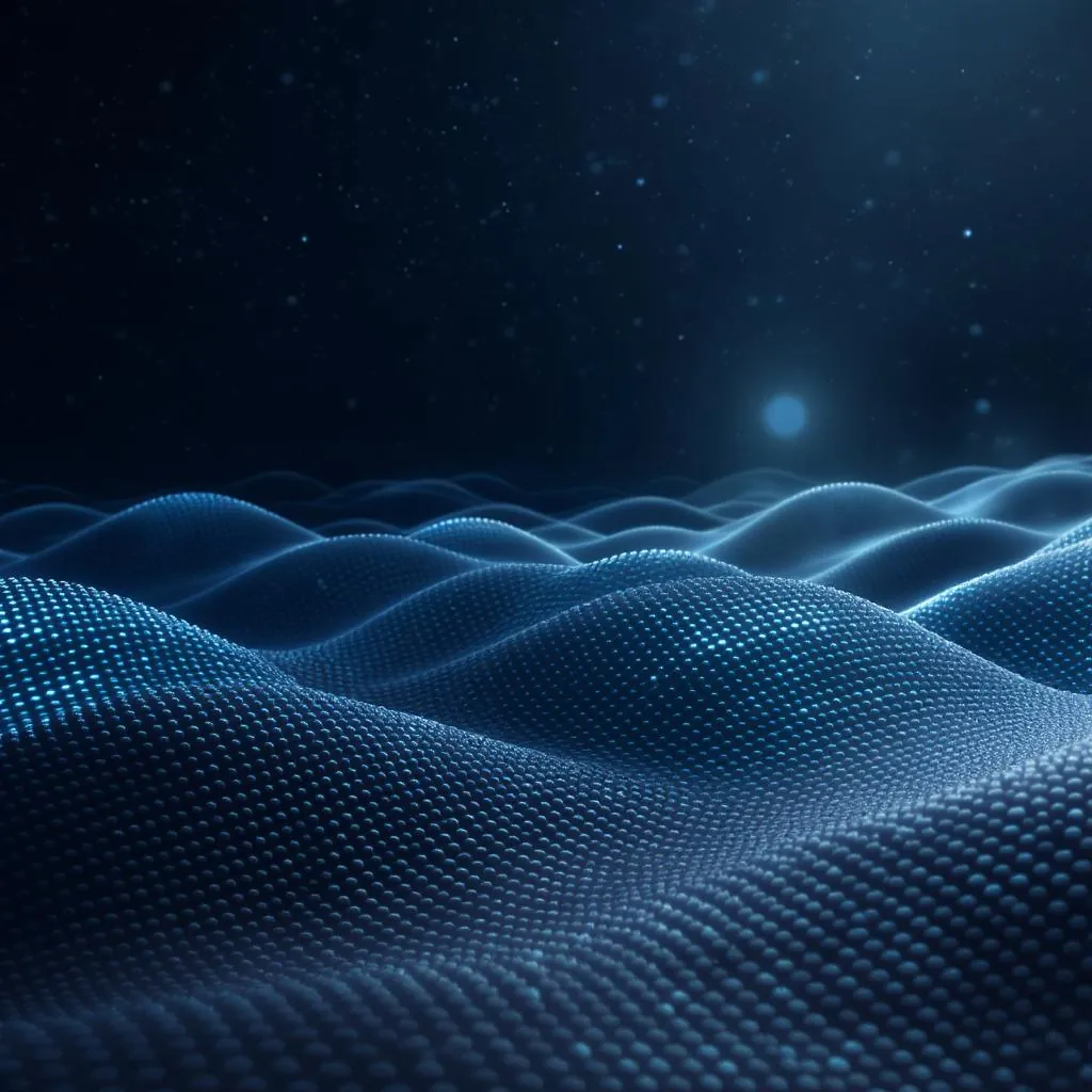 Resonant Field style - ethereal blue waves of light create a serene, undulating landscape against a dark, starry backdrop.