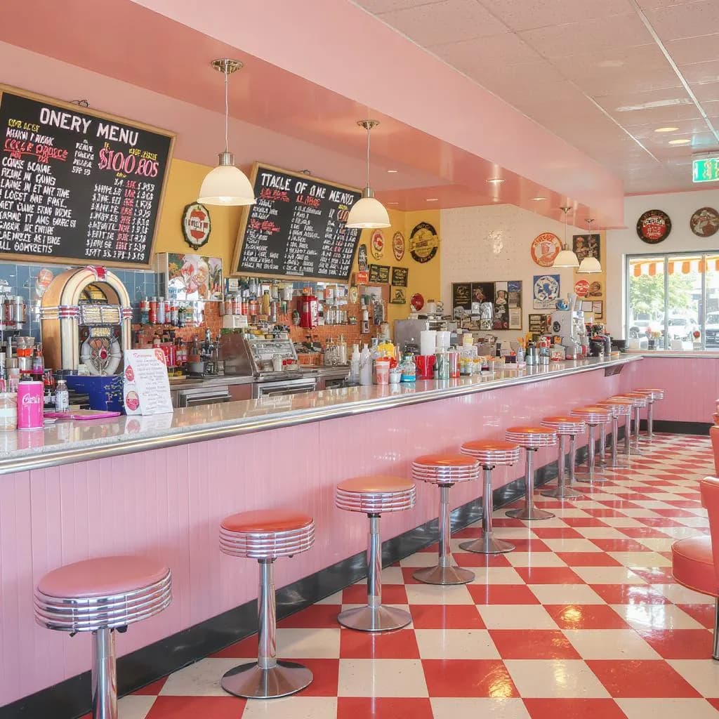Retro Americana Gloss style - vibrant diner interior with pastel colors, checkered floor, and nostalgic decor creating a cheerful atmosphere.