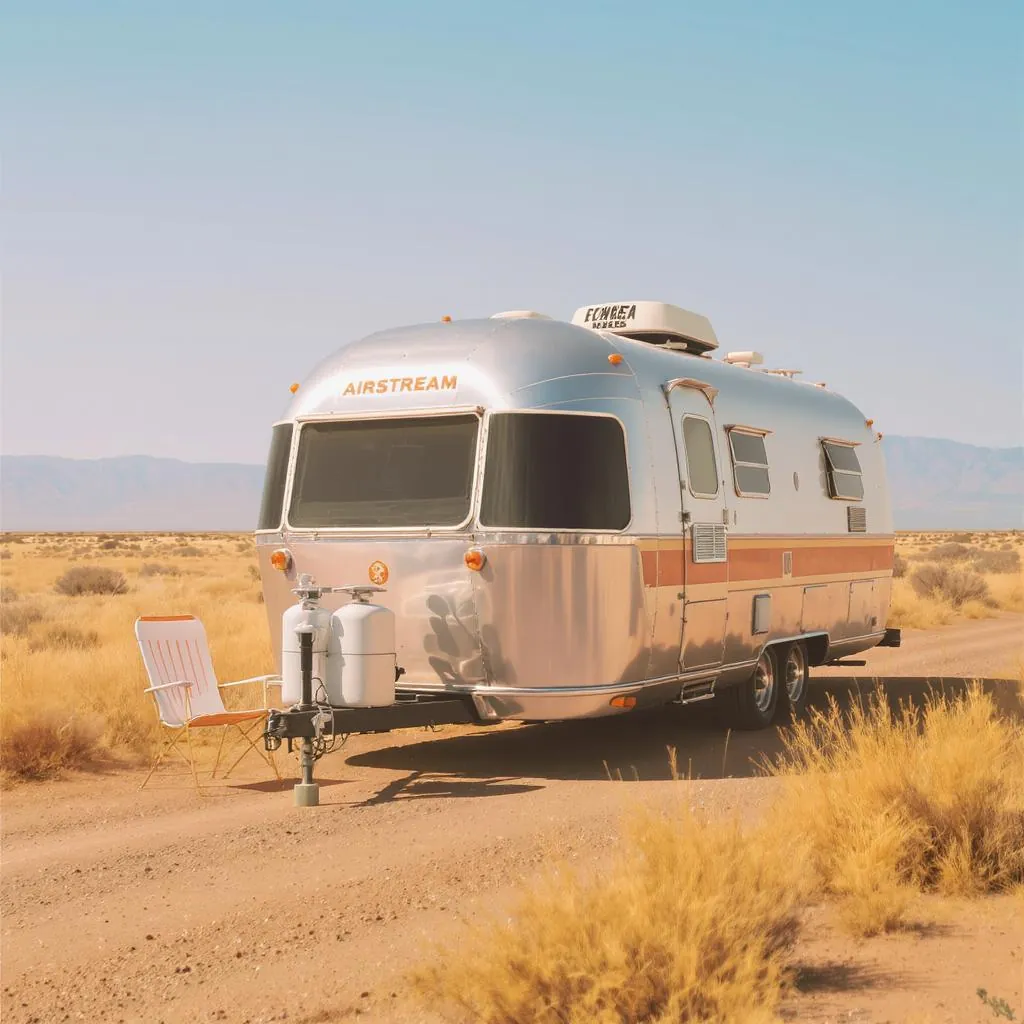 Retro Americana Gloss style - polished silver Airstream trailer set against a sunlit desert, evoking nostalgia and adventure.