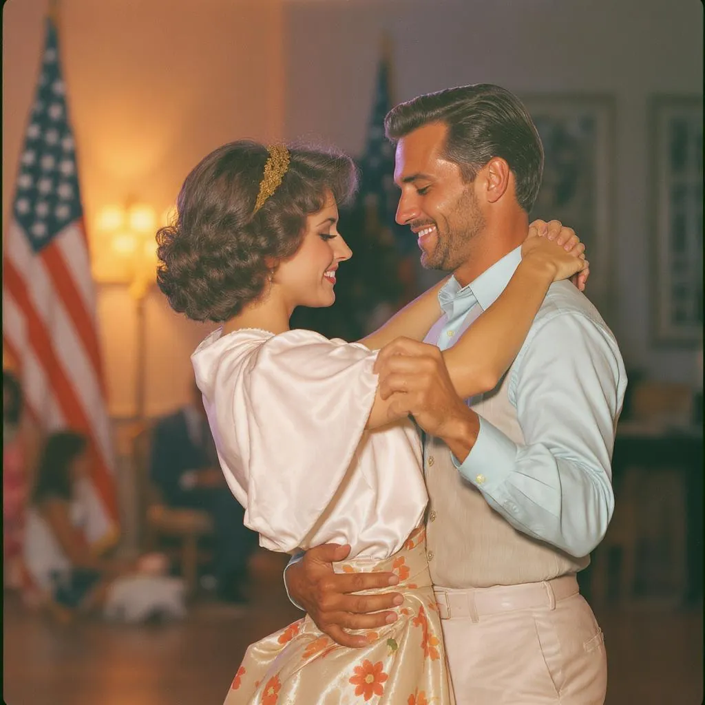 Retro Americana Gloss style - warm, nostalgic lighting captures a joyful dance between a couple in vintage attire, evoking classic Americana.