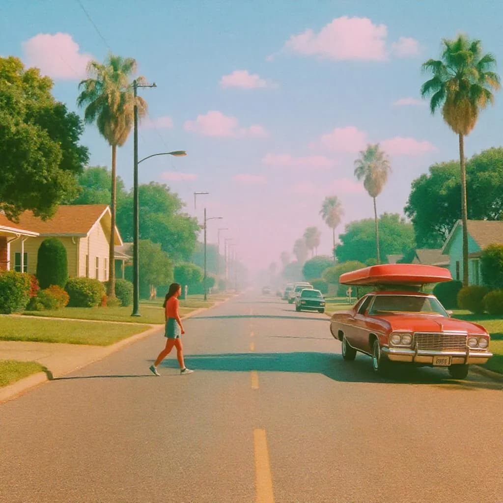 Retro Americana Gloss style - dreamy pastel colors and soft lighting create a nostalgic suburban scene with a relaxed vibe.