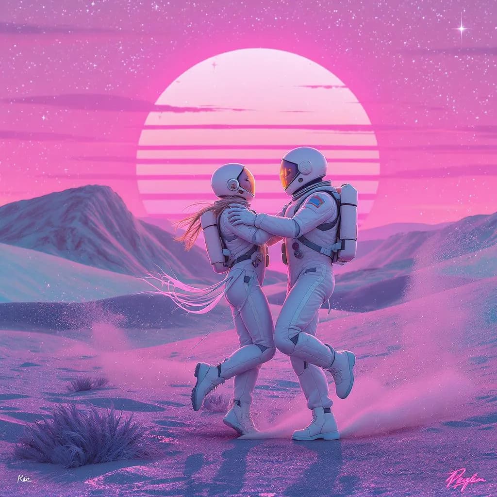 Retro Futurism Pastel Rush style - dreamy scene of astronauts dancing under a vibrant pink sun, with soft pastel colors and ethereal lighting.