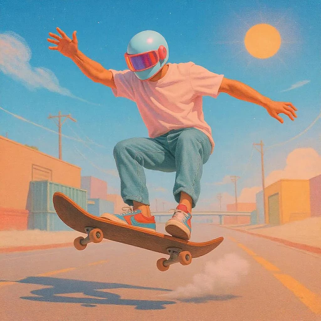 Retro Futurism Pastel Rush style - vibrant pastel colors and smooth gradients capture a dynamic skateboarder in mid-air against a dreamy backdrop.