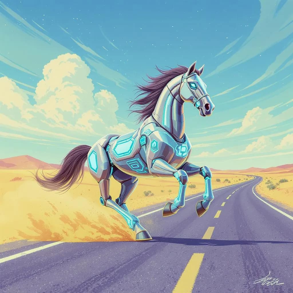 Retro Futurism Pastel Rush style - vibrant robotic horse galloping on a sunlit road, with soft pastel colors and dynamic motion.